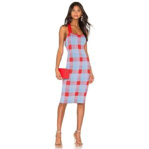 Parker Ayla Knit Midi Dress in Plaid Blue, Red Size M